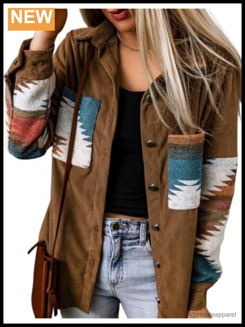 Women's Corduroy Button Down Shacket Loose Long Sleeve Aztec Shirt Jacket